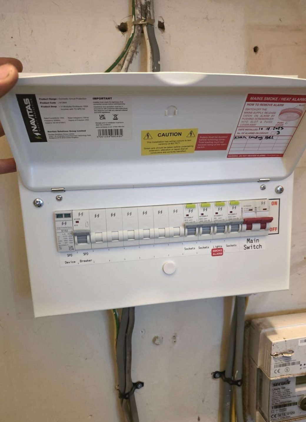 New Navitas consumer unit installed and labelled with SPD and RCBO protection
